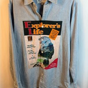 Luxury Paper Planes Denim Shirt – Explorer’s Life Graphic – Size S